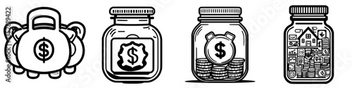 Different types of money-saving jars display various methods for managing personal finances and saving money effectively