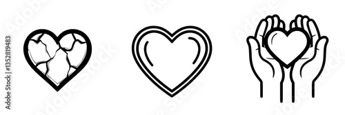 Three heart symbols representing different emotive states in a simple and modern design