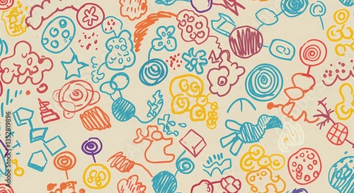 A playful hand-drawn doodle pattern with random shapes.