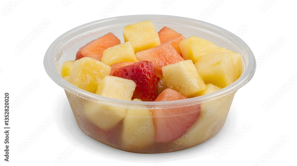 Fresh Fruit Salad: A vibrant mix of diced fruits, overflowing in a clear plastic container, promising a healthy and refreshing treat. Perfect for illustrating healthy eating or a tasty snack. Fresh Fruit Salad: A vibrant mix of diced fruits, overflowing in a clear plastic container, promising a healthy and refreshing treat. Perfect for illustrating healthy eating or a tasty snack.