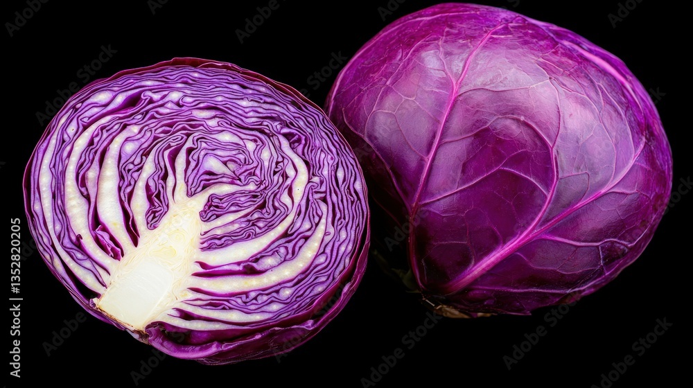 Obraz premium Cut red cabbage exposing its layers, and whole, isolated on black backdrop