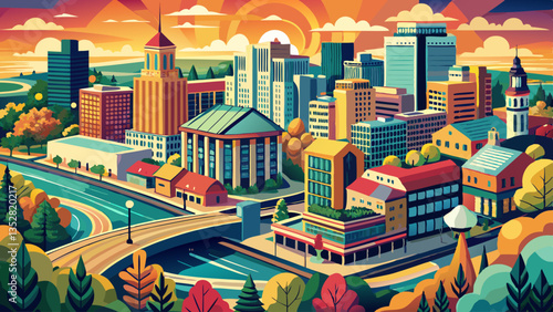 Kalamazoo Michigan Downtown Aerial Photography: Vibrant Cityscape with River and Buildings