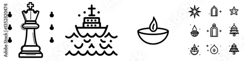 Symbols of strategy, travel, and celebration in a minimalist design featuring chess pieces, boats, and festive elements