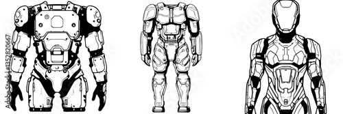Detailed illustrations of advanced robotic suits showcasing different angles, perfect for design and technology inspiration