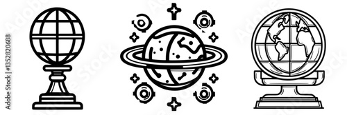 Illustrations of globes depicting Earth and celestial features in a minimalist style