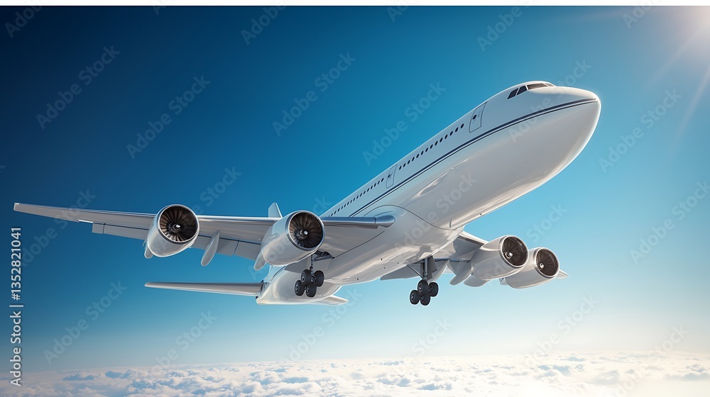 Fototapeta premium Airplane soaring through the blue sky, passing clouds below, sunny day bright and clear