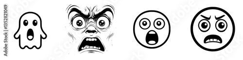 Variety of expressive faces highlighting different emotions, featuring a ghost and intense reactions
