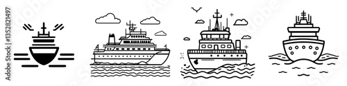 Various cruise ship designs in black and white showcasing maritime travel and leisure experiences