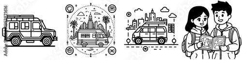 Road trip adventures featuring campers and travelers exploring a vibrant cityscape
