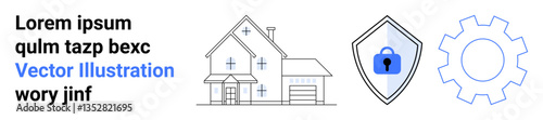House with roof chimney, shield with lock, gear representing automation and security. Ideal for home safety, smart technology, automation, protection, cybersecurity, privacy flat landing page banner