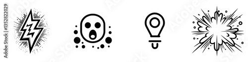 Bold illustrations of comic-style expressions and effects showcasing dynamic motion and energy in black and white