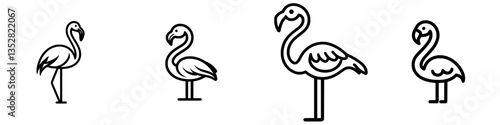 Four minimalist flamingo illustrations showcasing different poses for artistic inspiration and design projects