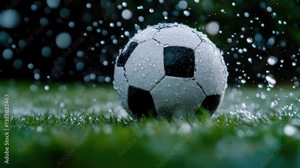 Fototapeta premium Classic black and white soccer ball sits on wet green grass during a heavy rainstorm with water splashing around it.