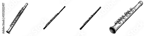 Various types of flutes displayed on a white background showcasing their unique designs and craftsmanship