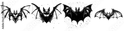 Various artistic representations of bats in black and white with a decorative flair