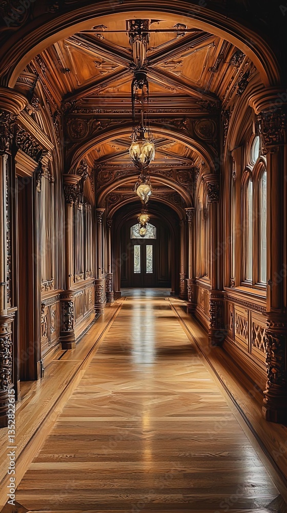 Obraz premium A stunningly ornate corridor featuring intricately carved wooden walls, elaborate light fixtures, and a smooth polished wooden floor. The high arched ceiling enhances the grandeur of the space, with n