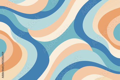 Retro Wavy Pattern, 70s Style, Blue, Beige and Tan Abstract Background, Groovy Aesthetic