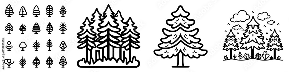Obraz premium Various tree illustrations showcasing different species and styles accompanied by nature elements