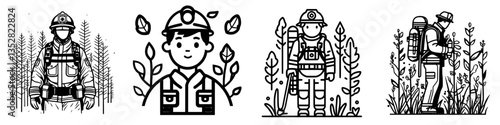 Illustrations of forest rangers engaging with nature and preserving wildlife in a forested environment