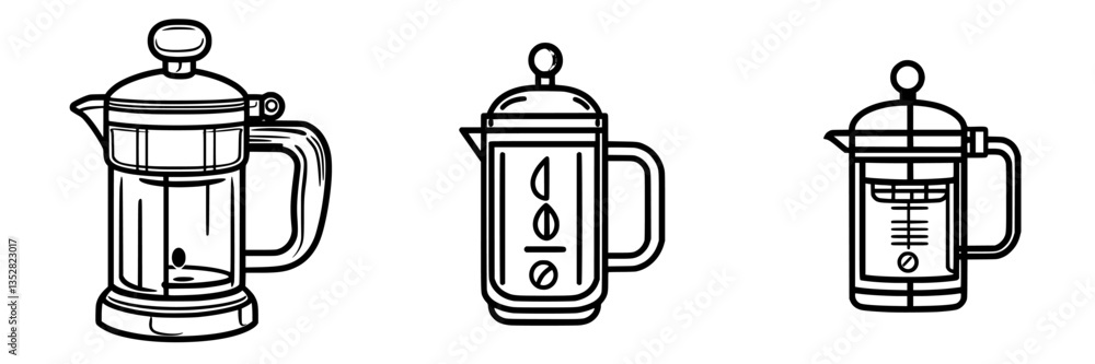 Different styles of French press coffee makers lined up for brewing coffee at home during morning routine Different styles of French press coffee makers lined up for brewing coffee at home during morning routine