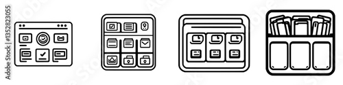 Digital interface elements showcasing various organizational layouts for applications and websites