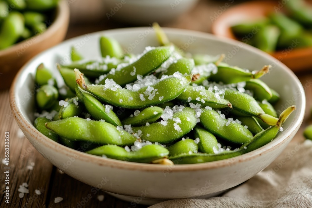 Edamame beans with sea salt providing a delicious snack on a wooden table Generative AI