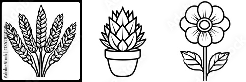 Illustrative collection of plant designs including wheat, a potted succulent, and a flowering plant