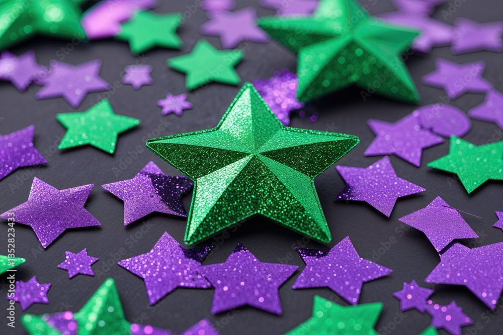 Obraz premium Star-shaped Green and Purple Glitter Confetti Illustration for Celebration Backgrounds