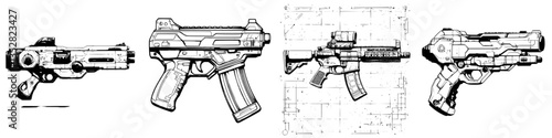 Detailed sketches of futuristic firearms illustrating various designs and features in a conceptual art style