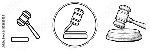 Different styles of gavel illustrations depicting justice and authority in legal proceedings