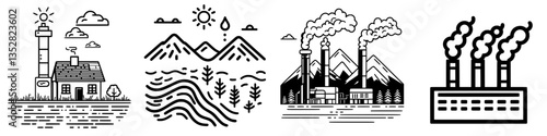 Environmental contrasts showcasing nature and industry through illustrated landscapes in a black and white style