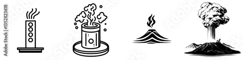 Various representations of volcanic activity, showcasing smoke, ash, and hot lava elements
