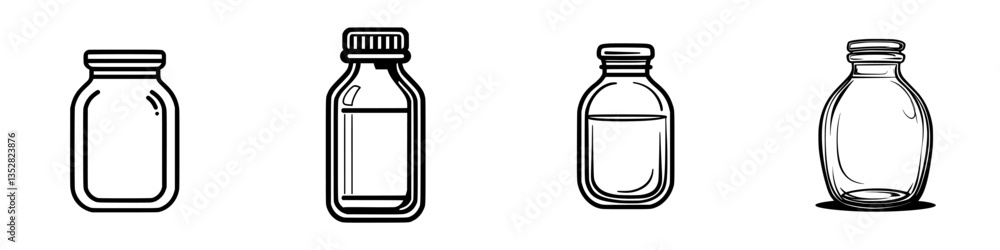 Various glass jars and containers in different shapes and sizes on a plain background during a creative design process Various glass jars and containers in different shapes and sizes on a plain background during a creative design process