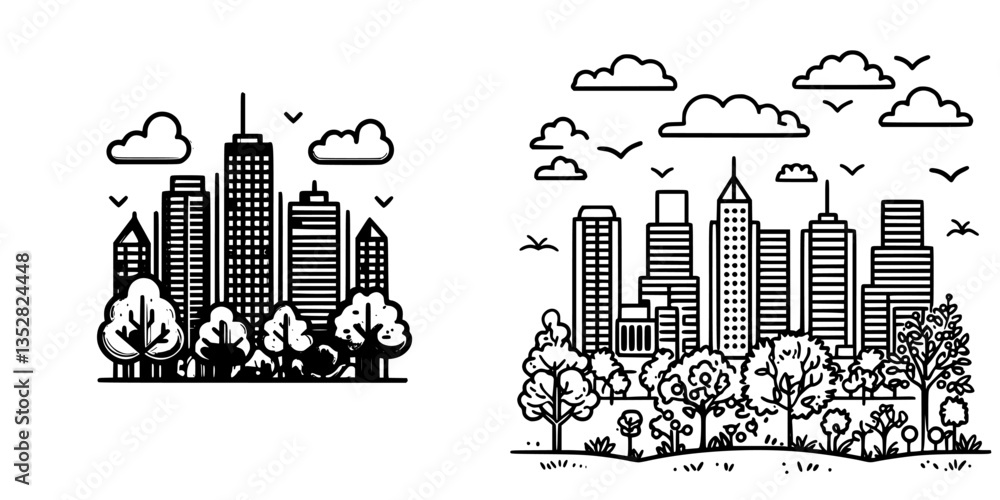 Obraz premium City skyline with trees and clouds in a minimalistic line art style during daylight hours