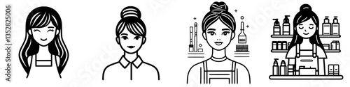 Illustrations of diverse women representing beauty professionals in various settings and activities in a cosmetic store context