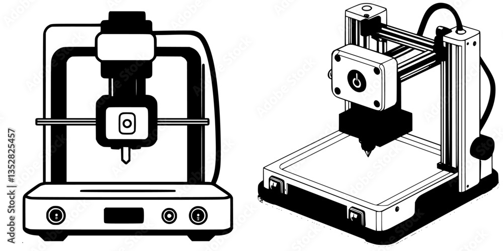 Fototapeta premium Comparison of two distinct three-dimensional printers showcasing different designs and functionalities in a workshop setting