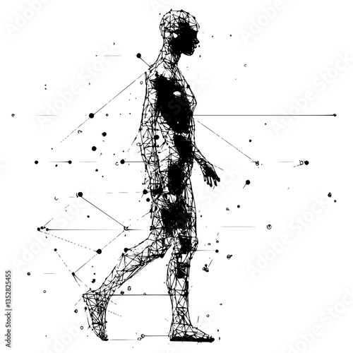 Walking figure represented in geometric lines and dots creates a digital art composition showcasing movement and form
