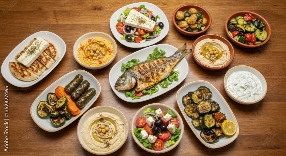 An overhead shot of a mediterranean spread with fish salad hummus and grilled vegetables on a table An overhead shot of a mediterranean spread with fish salad hummus and grilled vegetables on a table