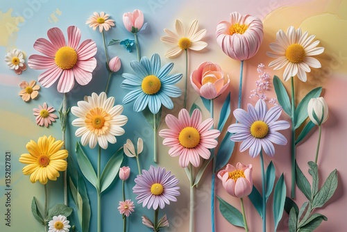 Whimsical Flowers on a Pastel Background for Spring Celebrations and Garden Parties