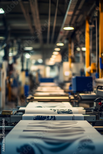 The production floor of a big digital printing company with large print machines printing packaging designs. Generative AI