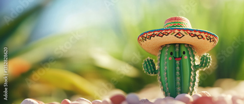 Festive cactus donning colorful sombrero celebrating mexican holiday with blurred desert backdrop