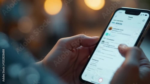 A person browsing on a smartphone in a warm, blurred bokeh background. A modern and realistic tech scene perfect for business, communication, social media, or digital lifestyle concepts
