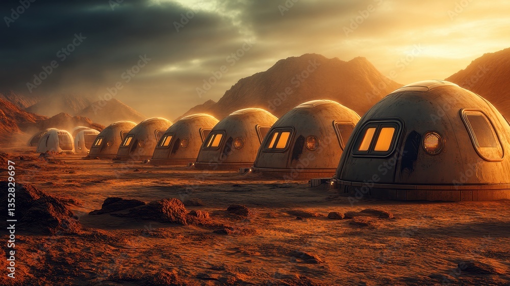 Fototapeta premium Martian sunset, geodesic domes, colony, red planet, science fiction