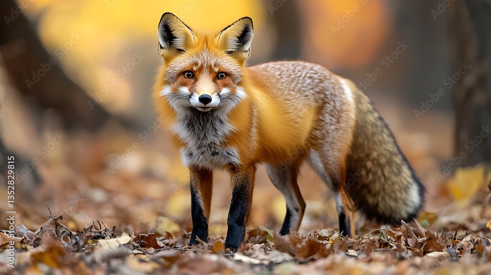 Fototapeta premium Red fox standing in autumn forest.