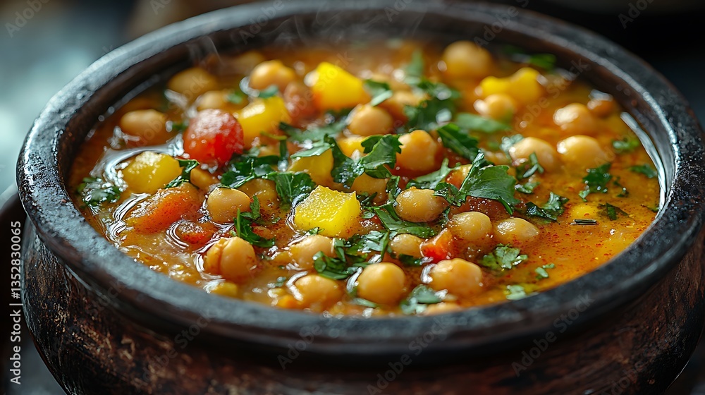 Hearty Chickpea Stew with Fresh Vegetables: A Warm Bowl of Comfort and Deliciousness, Perfect for a Nutritious Meal. Hearty Chickpea Stew with Fresh Vegetables: A Warm Bowl of Comfort and Deliciousness, Perfect for a Nutritious Meal.