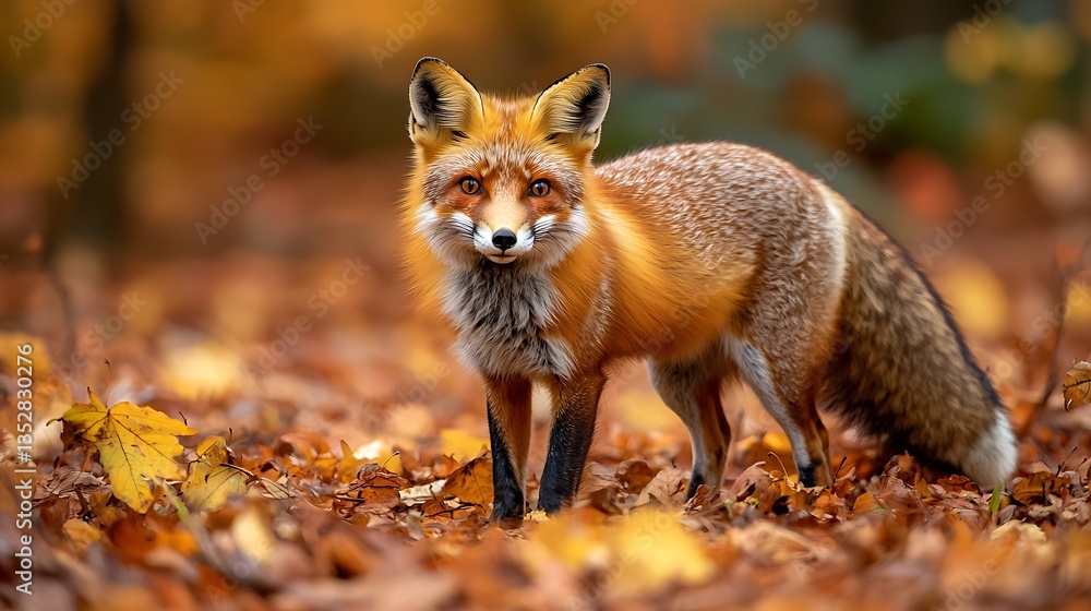 Red fox standing in autumn leaves. Red fox standing in autumn leaves.