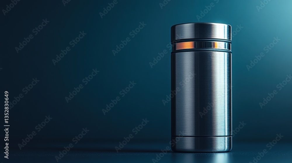 Sleek stainless steel thermos bottle on dark blue background. Sleek stainless steel thermos bottle on dark blue background.