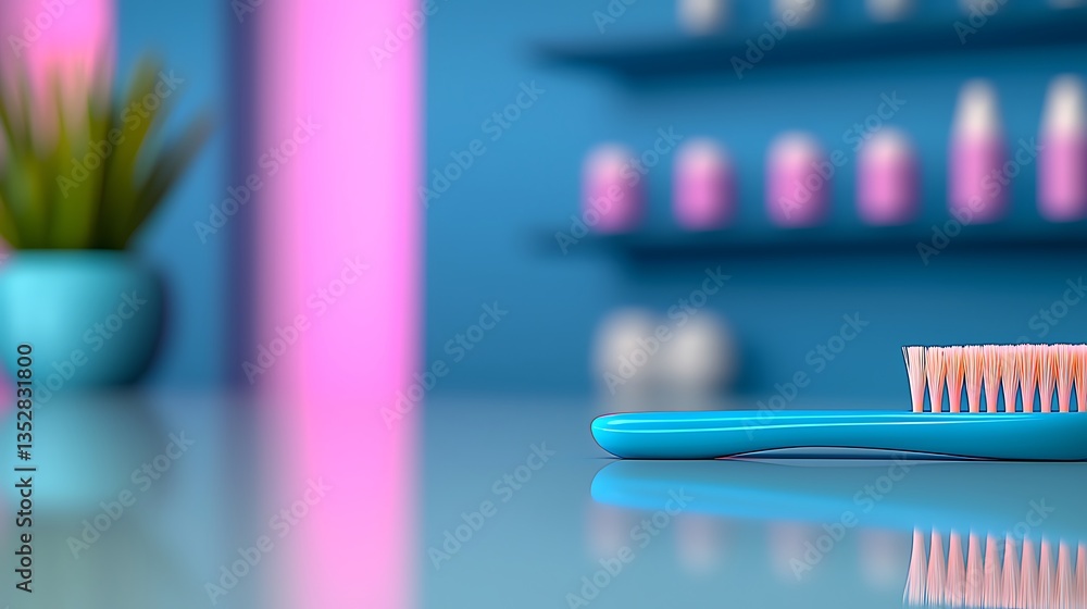 Close up of a toothbrush on a counter in a brightly colored, modern room Close up of a toothbrush on a counter in a brightly colored, modern room