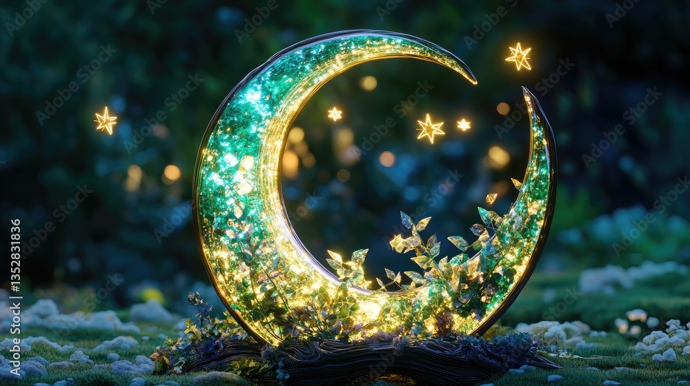 A crescent-shaped glowing sculpture radiating multiple shades of green