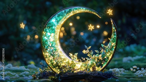 Obraz na płótnie A crescent-shaped glowing sculpture radiating multiple shades of green w salonie